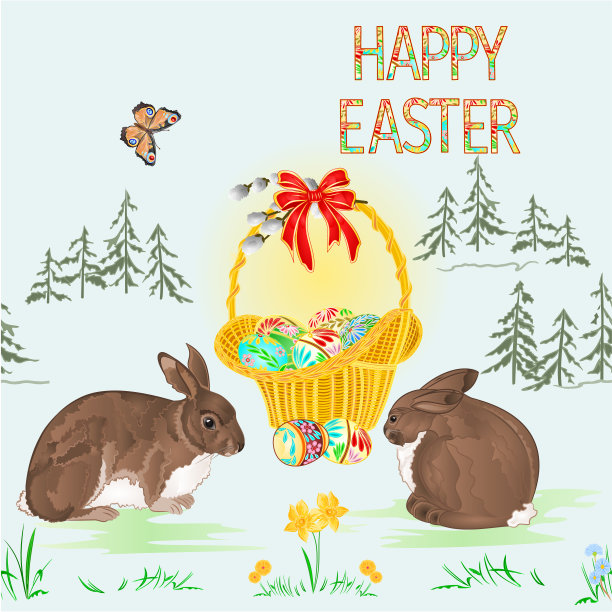 无缝纹理复活节春天景观森林复活节柳条和复活节彩蛋，兔子和蝴蝶在草复古矢量插图编辑图片下载