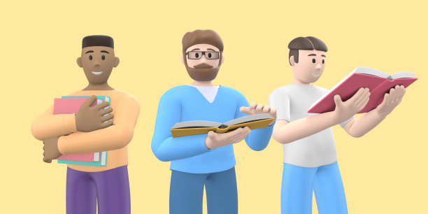 三个多民族男子的集体肖像人物与书。有趣，抽象的卡通概念文学爱好者。3 d渲染。图片下载