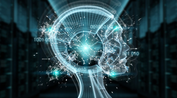 数字人工智能半机械人界面隔离在蓝色背景的3D渲染图片下载