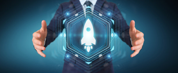 商人在模糊背景使用启动数字界面3D渲染图片下载