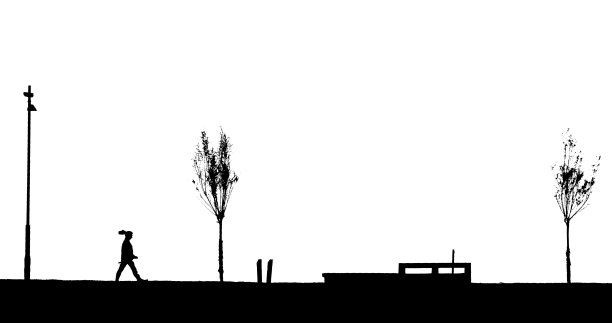 黑色和白色的女人的剪影沿着海边或海洋。图片下载