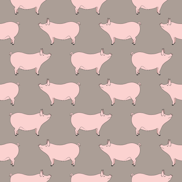 无缝图案与卡通猪，农场(家畜)动物隔离在米色背景图片下载