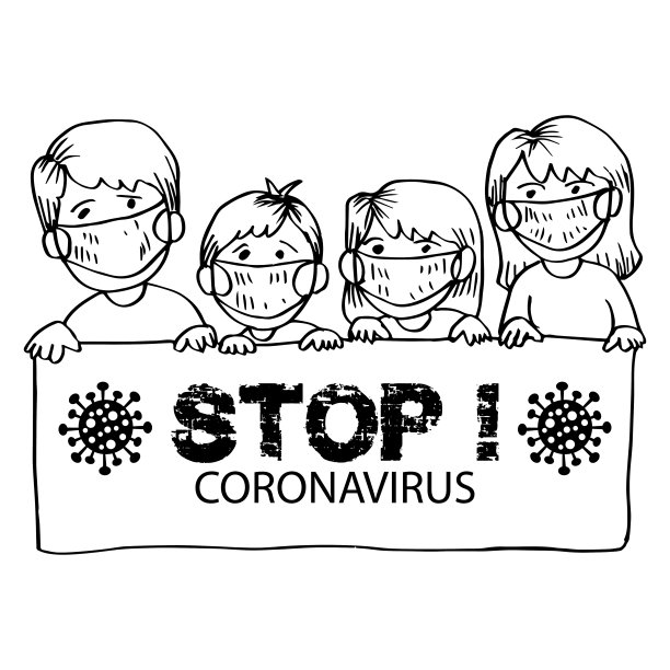 卡通家庭举着阻止冠状病毒的横幅信息图片下载
