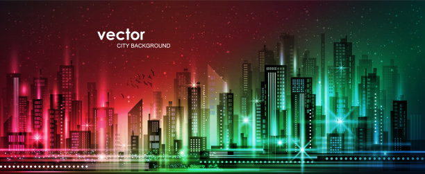 矢量夜市插图霓虹灯和生动的颜色。素材图片