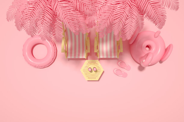 简约夏日概念，棕榈树和沙滩椅图片下载