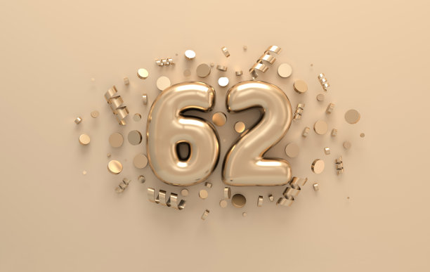 金色3d编号62，带有节日彩纸和螺旋丝带。庆祝62周年活动派对的海报模板。三维渲染图片下载
