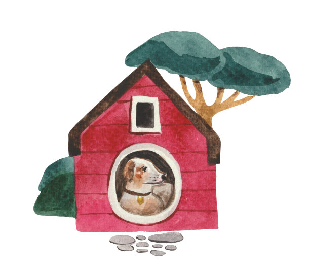 红色的狗屋里面有一只狗图片下载