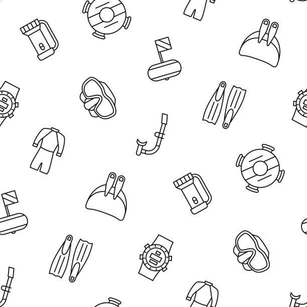 年成为了无缝模式。脚蹼、面罩、潜水服等潜水装备。矢量图图片下载