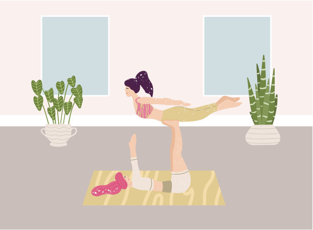 两个年轻女子在一起做瑜伽练习。可爱的女孩角色在工作室做瑜伽。国际瑜伽的一天。支持、平衡、友情矢量概念图片下载