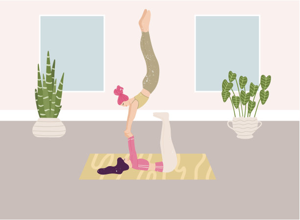 两个年轻女子在一起做瑜伽练习。可爱的女孩角色在工作室做瑜伽。支持、平衡、团结、女性友情矢量概念图片下载