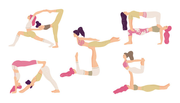 年轻女子在一起做瑜伽练习。可爱的女孩角色在做瑜伽。支持，平衡，团结，女性友谊或姐妹向量概念孤立的白色背景。图片下载