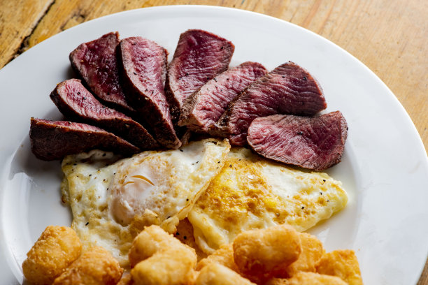 牛排和鸡蛋。传统的经典美国餐厅或法国小酒馆早午餐项目，牛排和鸡蛋与孩子。安格斯牛排配半熟煎蛋和香脆家常薯条。图片下载