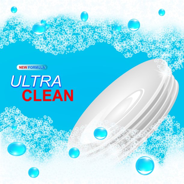 洗涤剂的菜肴。矢量现实插图与盘子在水飞溅。图片下载