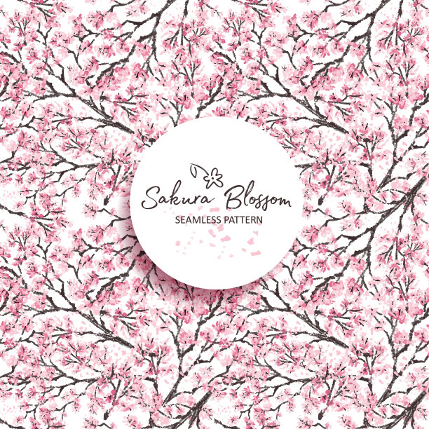 樱花日本樱花枝与盛开的花朵矢量插图。手绘的风格。无缝的表面图案。图片下载