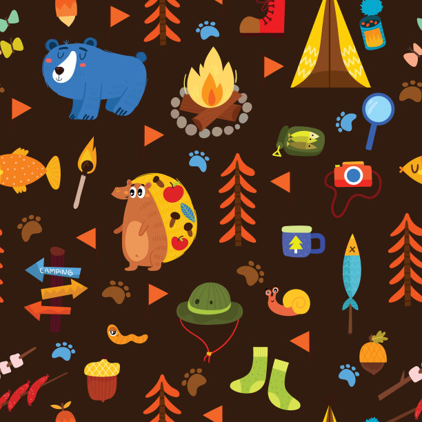 无缝矢量图案与卡通露营设备和可爱的动物。设计纺织品，纹理，儿童壁纸，织物，衣服。图片下载