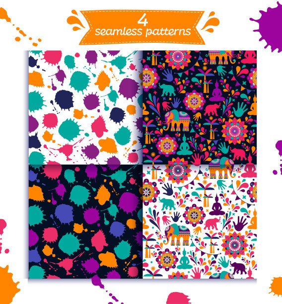 快乐胡里节设置无缝图案设计，快乐胡里节设计与彩色图标。图片下载