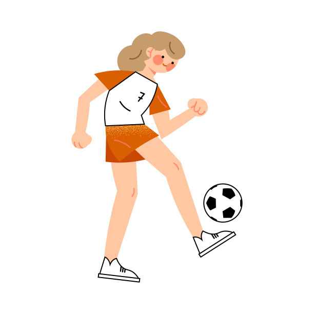 穿着红色短裤击球的女足球运动员（右视图，扁平卡通风格矢量插画）图片下载