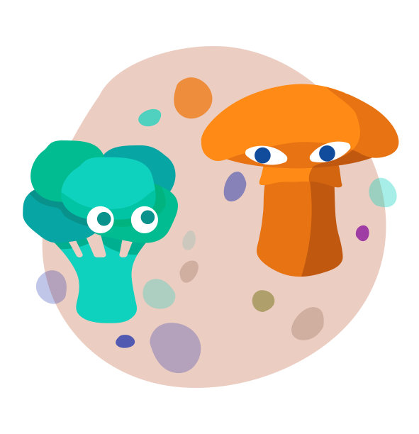 矢量插图的西兰花和蘑菇是朋友。有趣的人物蔬菜。图片下载