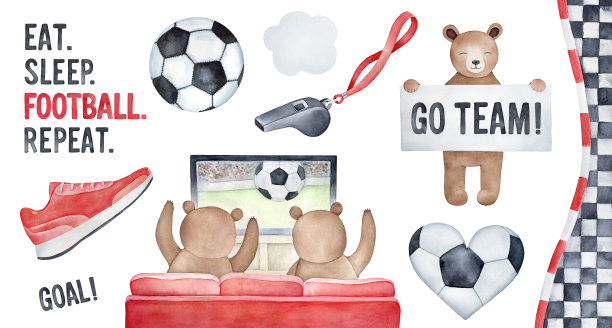 足球主题水彩插图收集与有趣的棕色熊，手写文字字母和丰富多彩的游戏符号。手绘水彩画，剪纸细节设计。图片下载
