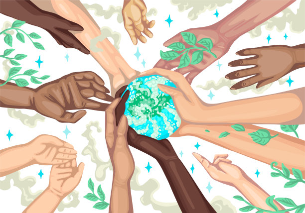海报拯救地球。拯救地球的生态。不同的手握着地球。矢量图图片下载