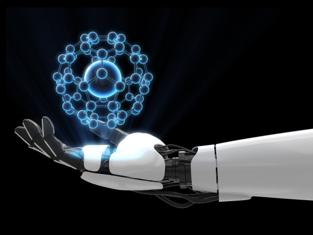 机器人手上原子的3D全息图图片下载