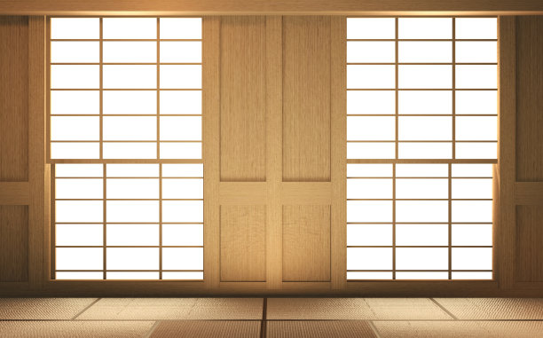 室内模拟日本房间设计日式风格和白色背景提供了一个窗口编辑。三维渲染图片下载