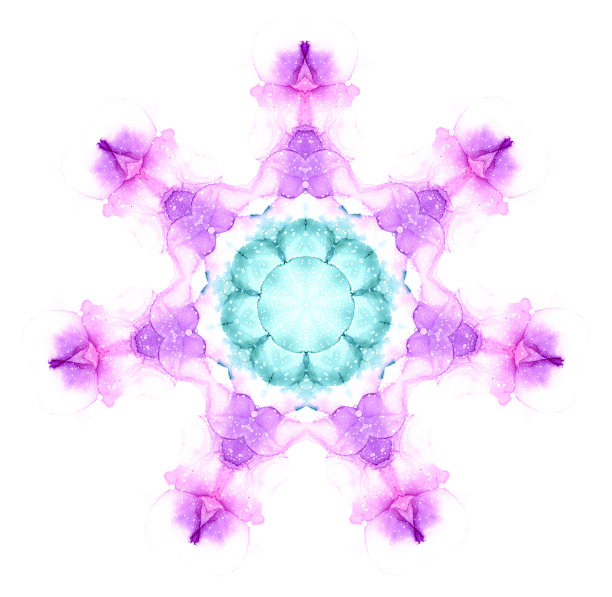 精致的水彩雪花曼荼罗图案在粉红色，紫色和绿松石色调孤立在白色的背景。图片下载