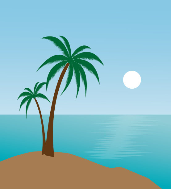 美丽的景色，日出在蓝色的大海上，棕榈树在海滩向量图片下载