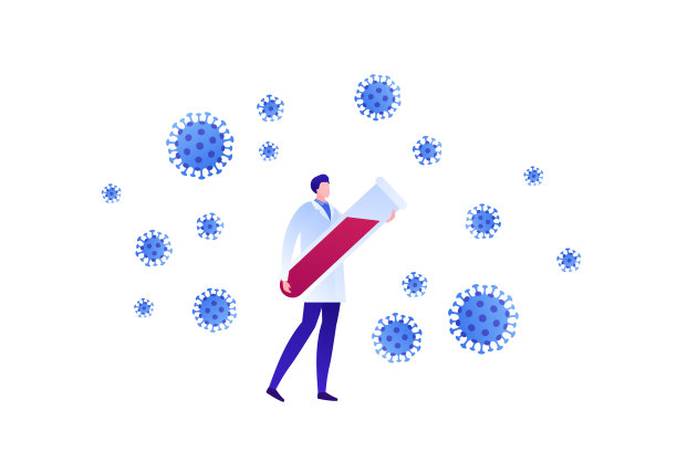 病毒流行的概念。矢量现代平面插图。冠状病毒符号和医生拿着白色背景的红色血液试管。设计元素为医药横幅，信息图表，海报。图片下载