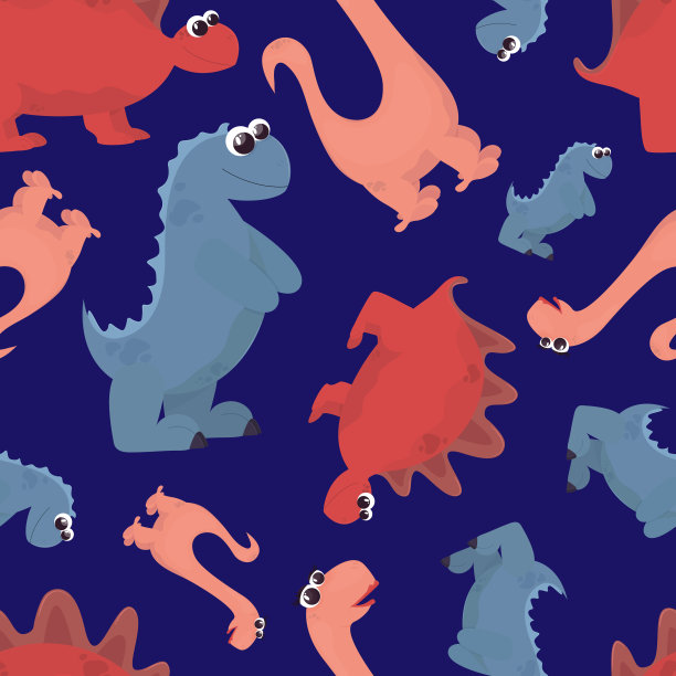 无缝模式。蓝色背景上可爱的恐龙。向量。以卡通风格绘制。儿童插画，适合墙纸，封面，包装纸。图片下载