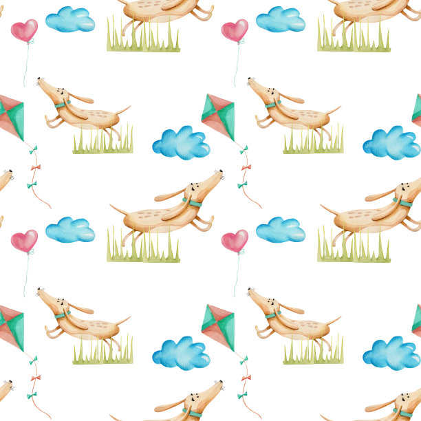 水彩可爱的卡通腊肠狗玩风筝无缝图案，手绘孤立在白色背景上图片下载