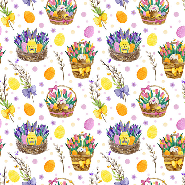 水彩无缝图案与复活节兔子在白色背景与猫咪柳枝，复活节蛋糕，蝴蝶结，鸡蛋。复活节无缝图案的卡片，剪贴簿或为您自己的设计。图片下载