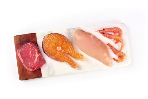 新的蛋白质。生牛肉，鲑鱼，鸡胸肉和虾，从顶部拍摄与文字的地方图片下载