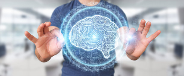 商人对模糊背景使用数字人工智能图标全息图3D渲染图片下载