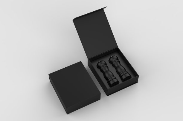 空白盐和胡椒研磨机礼品盒品牌，3d渲染插图。图片下载