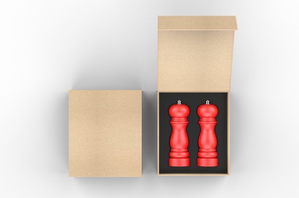 空白盐和胡椒研磨机礼品盒品牌，3d渲染插图。图片下载