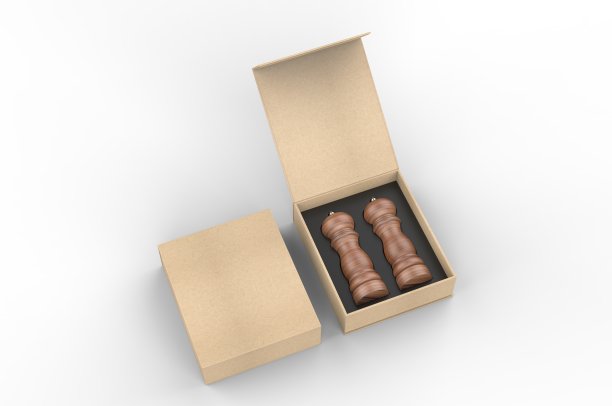 空白盐和胡椒研磨机礼品盒品牌，3d渲染插图。图片下载