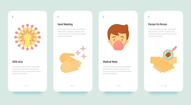 带有平面图标的冠状病毒移动用户界面。症状与预防:新型冠状病毒、医用口罩、人对人、洗手。矢量插图，模板与复制空间。图片下载