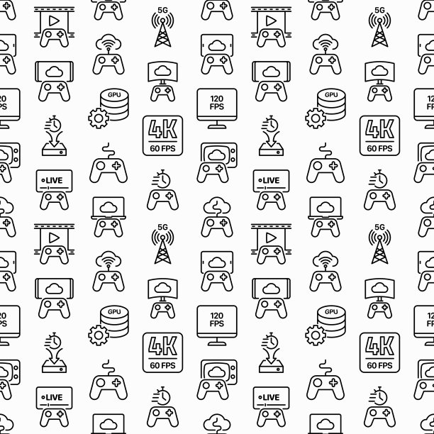 云游戏无缝模式，细线图标:笔记本上玩，120帧/秒，低延迟游戏，手柄，wi-fi，即时安装，直播，游戏控制器，5G。矢量插图。图片下载