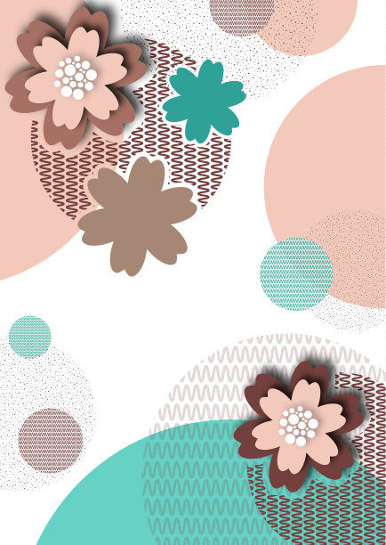 白色背景上的彩色几何形状、线条和花朵。柔和的色调。设计为明信片，封面，横幅，广告。东方元素。图片下载