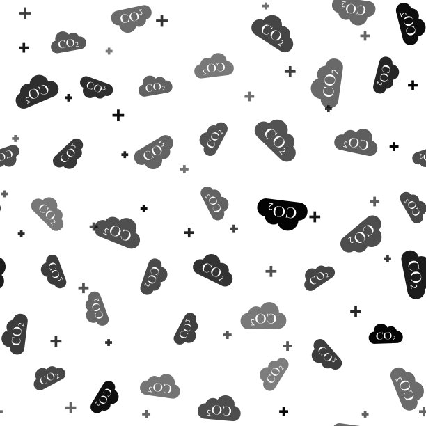 黑色的二氧化碳排放在云图标隔离无缝模式上的白色背景。二氧化碳公式符号，烟雾污染概念，环境概念，燃烧产物。矢量图图片下载
