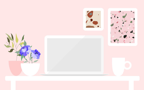 女性粉色和白色工作空间矢量插图。桌子上的笔记本电脑的侧视图。女性办公桌，井然有序。咖啡杯和花盆里的花放在桌子上，镜框放在墙上。时尚的网页设计。图片下载