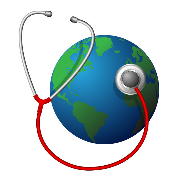 行星地球和一个红色医用声内窥镜。照顾我们的住所。生态和气候问题。图片下载