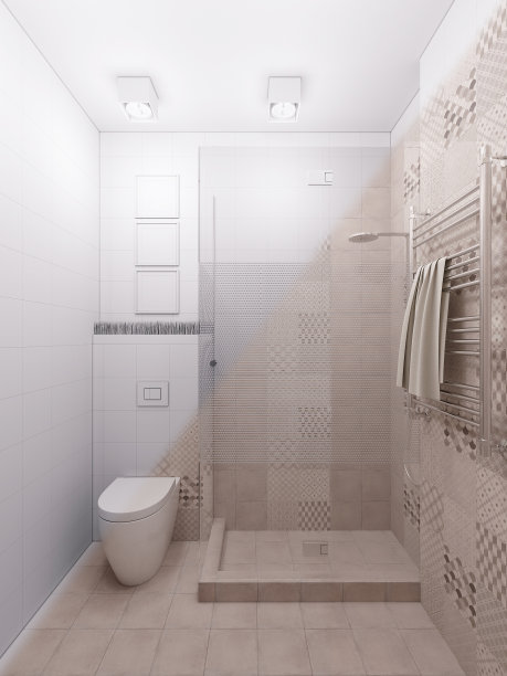 现代风格浴室的3D渲染。图片下载