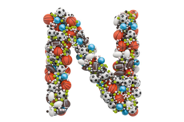 字母N来自运动游戏球，3D渲染孤立在白色背景图片下载