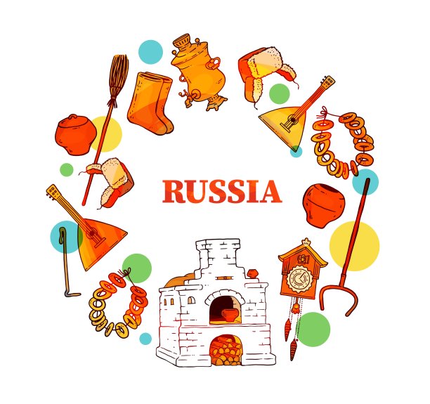 欢迎来到俄罗斯旗帜与俄罗斯文化项目矢量插图孤立。图片下载