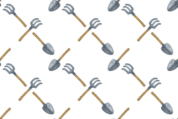 园林工具为家居植物重复图案，水彩插图的复古园林设备图片下载