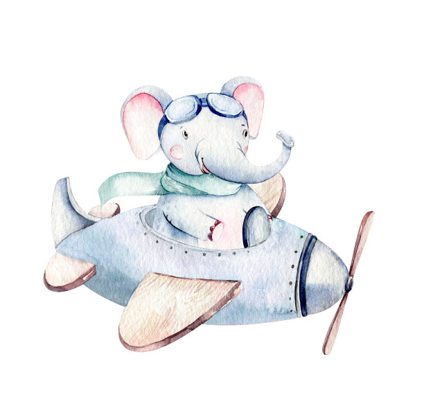 水彩画宝宝卡通可爱的飞行员航空背景插图花哨的天空运输完成与飞机，气球，云彩。幼稚的男孩模式。这是婴儿派对的插图图片下载