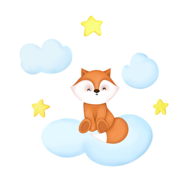 可爱的孩子插图在白色的背景。有趣的狐狸坐在被星星包围的云上。儿童纺织品、服装和婴儿用品。生日或宝宝派对的邀请图片下载