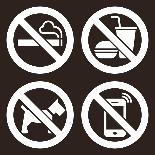 禁止吸烟，禁止食物或饮料，禁止狗和禁止手机的标志图片下载